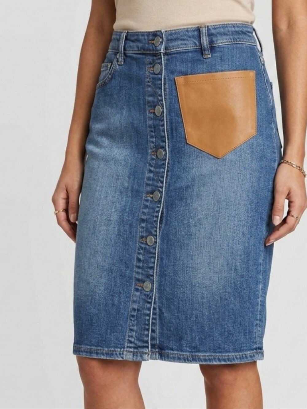 All Saints Blue Denim Button-Front Pencil Skirt with Tan Pocket US size 8